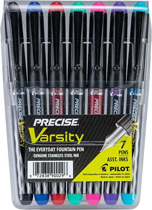PILOT Varsity Disposable Fountain Pens, Medium Point Stainless Steel Nib, Black/Blue/Red/Pink/Green/Purple/Turquoise, 7-Pack Pouch (90029)