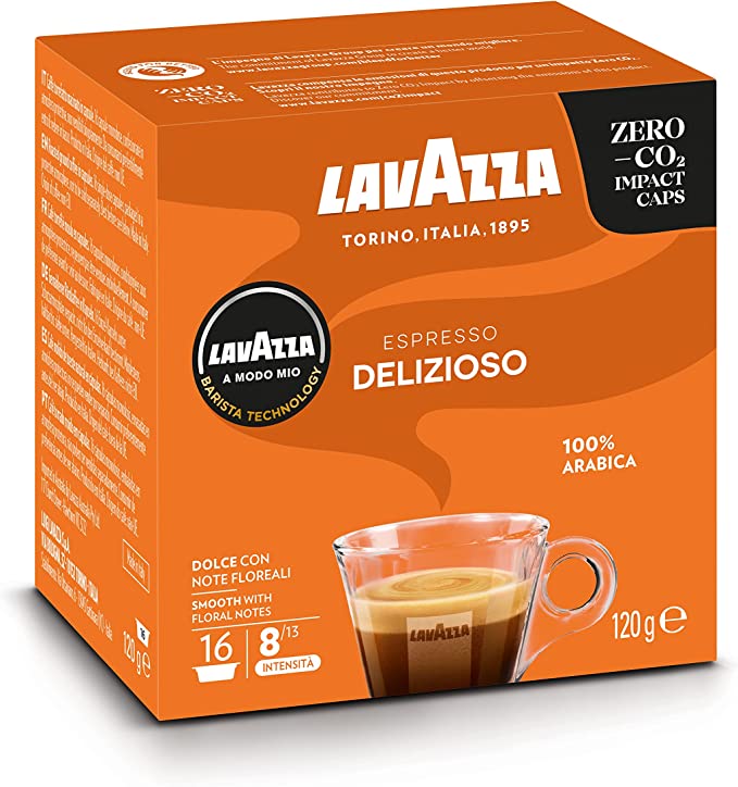 Lavazza A Modo Mio Espresso Delizioso, Coffee Capsules, 100% Arabica, Sweet Taste, Intensity 8/13, Medium Roasting, Compostable, 1 Pack of 16 Coffee Pods