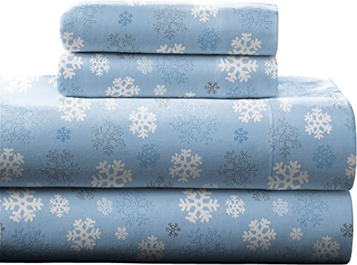 Pointehaven Heavy Weight Printed Flannel 100-Percent Cotton Sheet Set, Snow Flakes, Queen