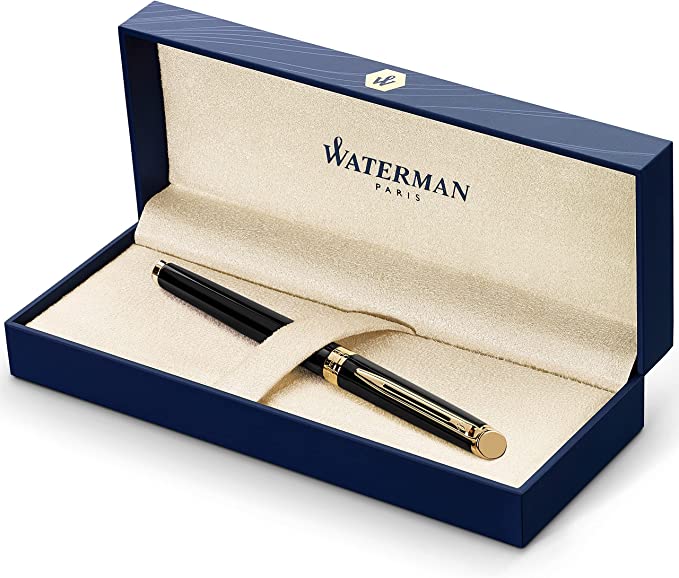 Waterman S0920630 Hemisphere Fountain Pen, Gloss Black with 23k Gold Trim, Medium Nib with Blue Ink Cartridge, Gift Box