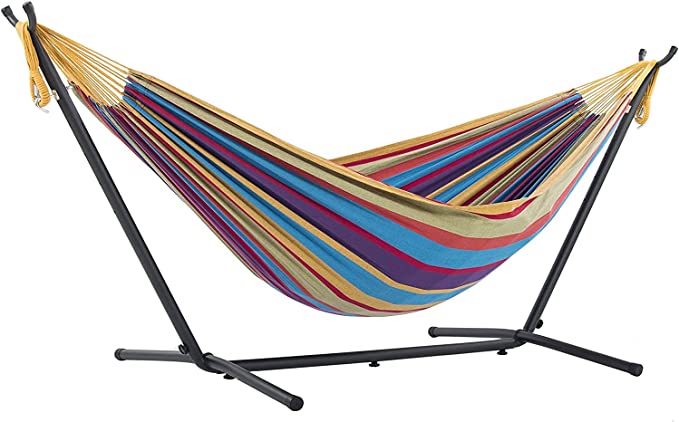 Vivere UHSDO9-20 Double Cotton Hammock with Space Saving Steel Stand, Tropical (450 lb Capacity- Premium Carry Bag Included), Tropical with Charcoal Frame, 2 Person