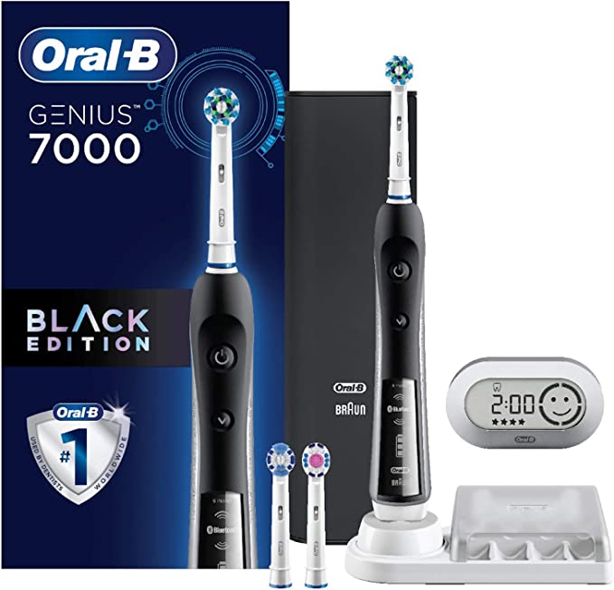 Electric Toothbrush, Oral-B Pro 7000 SmartSeries Black Electronic Power Rechargeable Toothbrush with Bluetooth Connectivity Powered by Braun , 8 Piece Set
