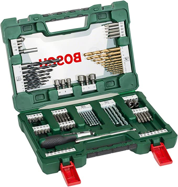 Bosch 91-Piece V-Line Titanium Drill Bit and Screwdriver Bit Set with Ratcheting Screwdriver (For Wood, Masonry, and Metal)