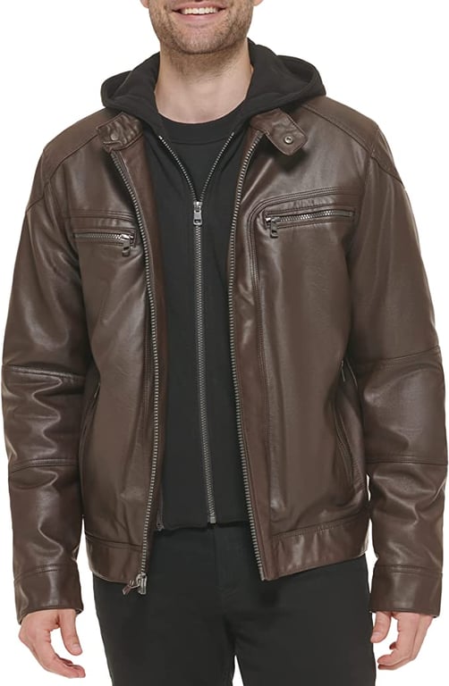 Calvin Klein Men's Faux Lamb Leather Moto Jacket with Removable Hood and Bib