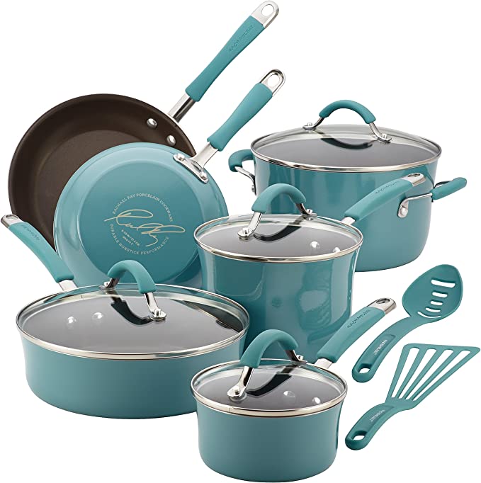 Rachael Ray 16344 Cucina Hard Porcelain Enamel Nonstick Cookware Set, 12-Piece, Agave Blue