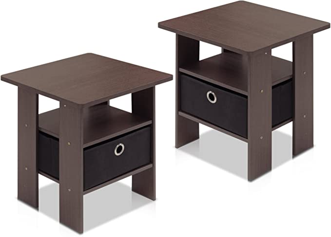 Furinno Andrey Set of 2 End Table/Side Table/Night Stand/Bedside Table with Bin Drawer, Dark Brown/Black