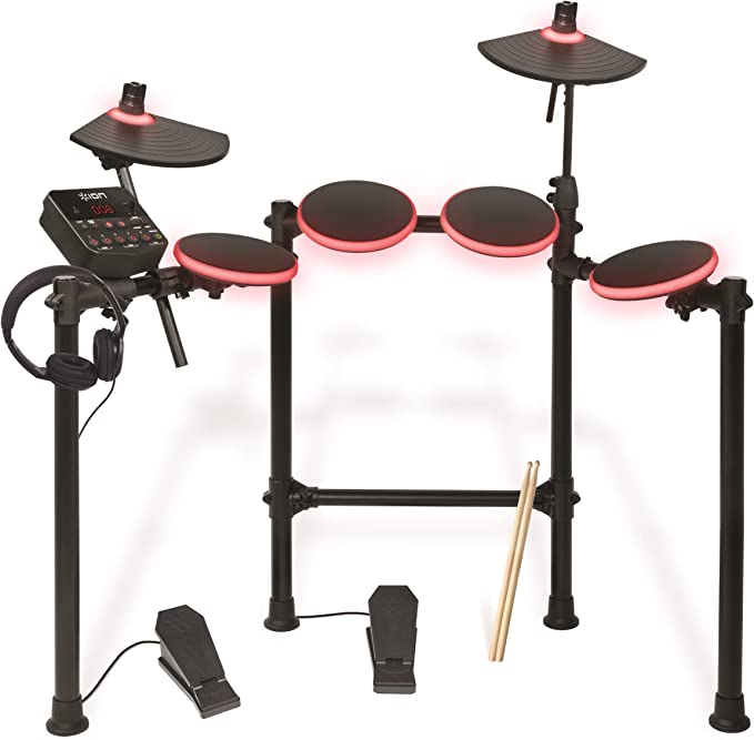 ION Audio Redline Drums, Seven Piece Electronic Drum Kit with LED Illuminated Pads, 200 Plus Sounds and On-board Drum Coach,Drumsticks and Headphones Included