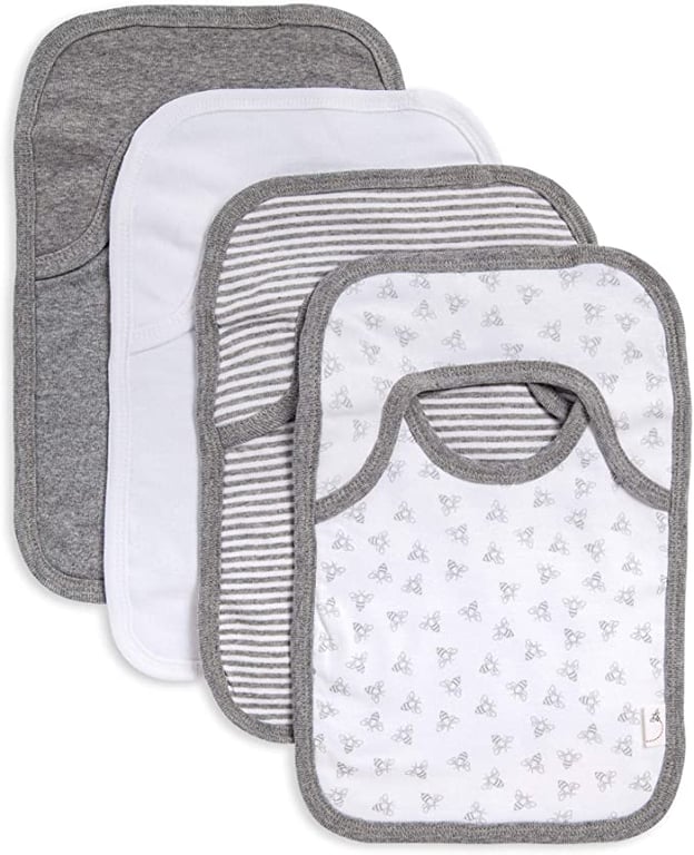 Burt's Bees Baby Baby-Boys Bibs, Lap-Shoulder Drool Cloths, 100% Organic Cotton with Absorbent Terry Towel Backing, Heather Grey Prints, 4-Pack
