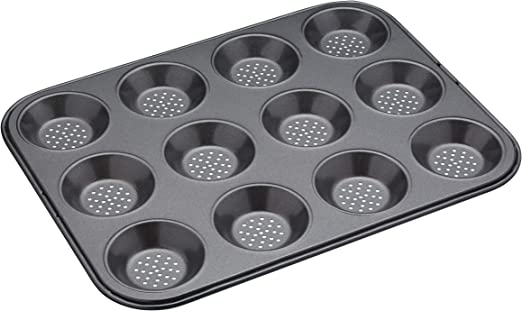 MasterClass KCMCCB29 Crusty Bake Perforated Mince Pie Baking Tray with PFOA Non Stick, Robust 1mm Carbon Steel, 32 x 24cm 12 Hole Tart Tin, Grey