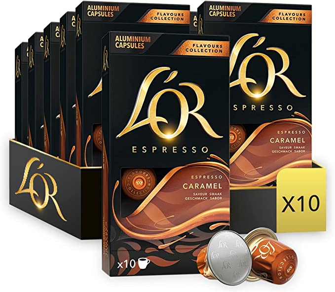 L'OR Espresso Caramel Coffee - 100 Aluminium Capsules Compatible with Nespresso Machines (10x10 Pods Pack)