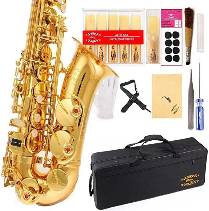 Glory Professional Alto Eb SAX Saxophone Gold Laquer Finish Alto Saxophone with 11reeds8 Pads CushionscasecarekitGold Color NO NEED TUNING PLAY DIRECTLY