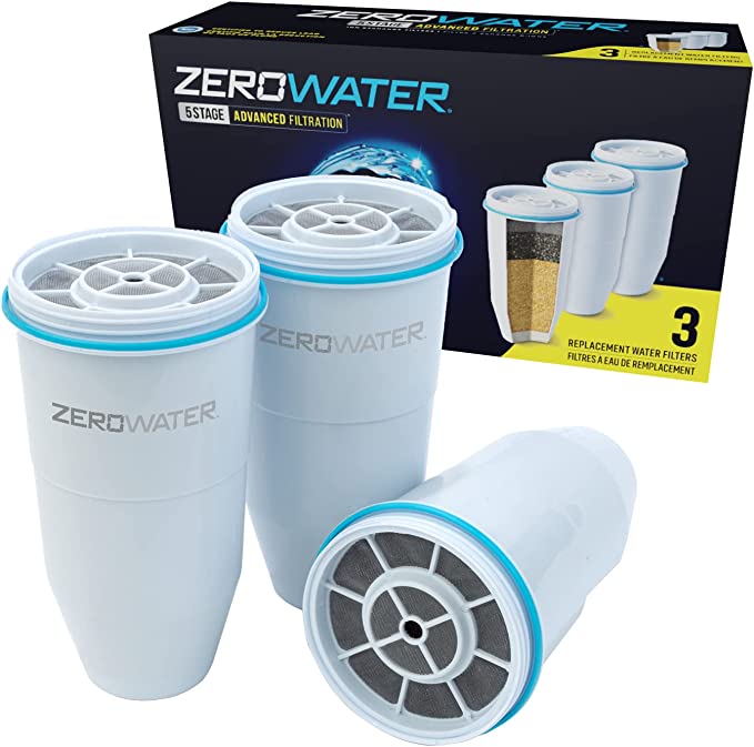 ZeroWater 5-Stage Water Filter Replacement, NSF Certified to Reduce Lead, Other Heavy Metals and PFOA/PFOS, 3 Count (Pack of 1), White