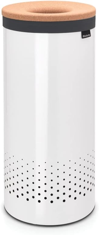 Brabantia - Laundry Hamper - with Cork Lid - Ventilation Holes - Corrosion Resistant Materials - Hygienic - Discrete - Laundry Basket - Bathroom - with Small Hole - White - 35L