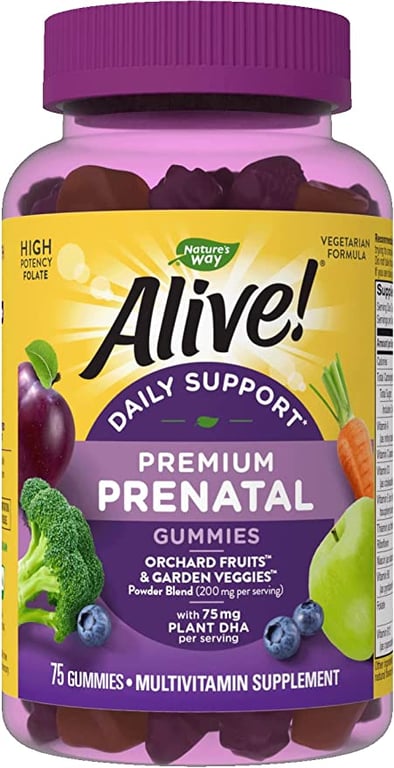 Nature's Way Alive!® Prenatal Premium Gummy Multivitamin with DHA, Fruit and Veggie Blend (150mg per serving), Full B Vitamin Complex, Gluten Free, Made with Pectin, 75 Gummies