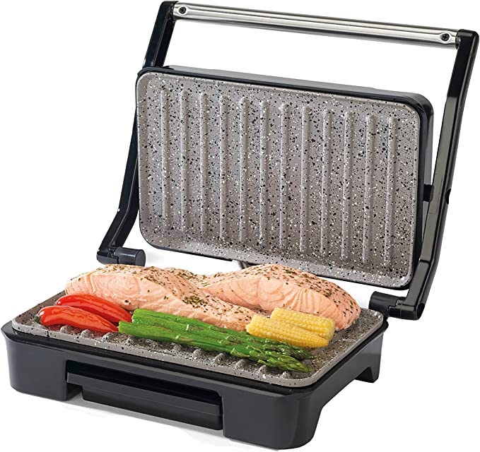 Salter EK2009 Marblestone Health Grill & Panini Press, Electric Non-Stick Griddle Plates, Versatile Folding Sandwich Toaster, Meat, Kebabs, Fish, 750 W, Floating Hinge, Automatic Temperature Control