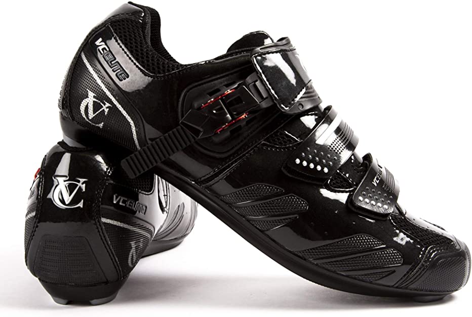 VeloChampion Road Bike Cycling Shoes with Buckle Ratchet Fastening - for 2 Bolt and 3 Bolt Cleats + Shoes Storage Bag