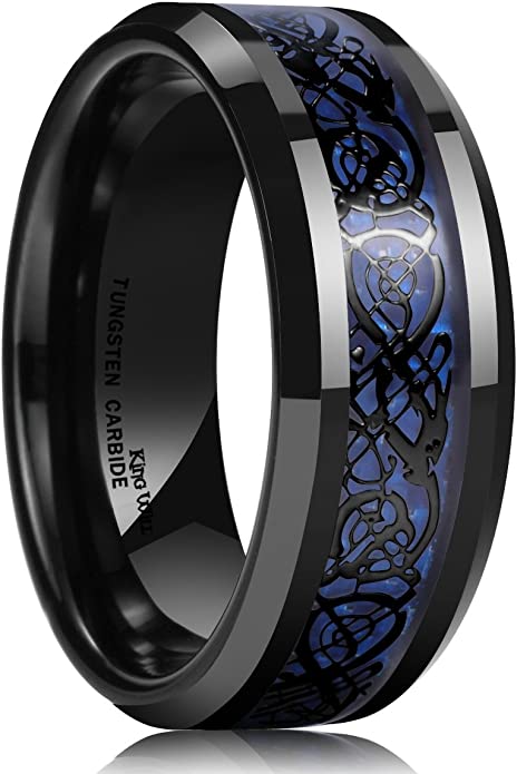 King Will Dragon Men's 8mm Blue Carbon Fiber Black Celtic Dragon Tungsten Carbide Ring Wedding Band
