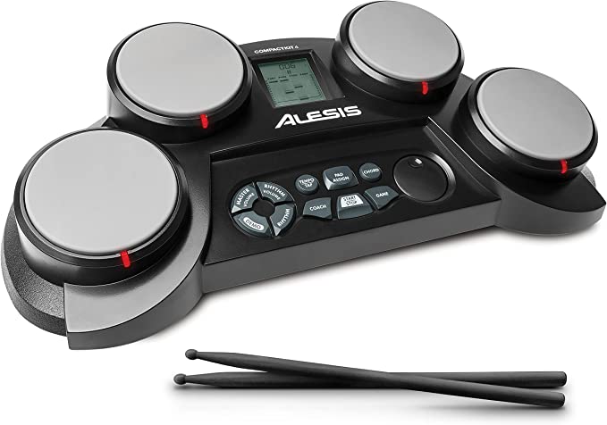 Alesis CompactKit 4 | Ultra-portable Electronic 4-Pad Tabletop Drum Kit with Velocity-Sensitive Drum Pads, 70 Drum Sounds, Coaching Feature, Game Functions, Battery or AC-Power and Sticks Included