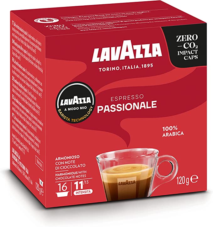 Lavazza A Modo Mio Espresso Passionale, Coffee Capsules, 100% Arabica, Warm and Inviting Taste, Intensity 11/13, Dark Roasting, Compostable, 1 Pack of 16 Coffee Pods