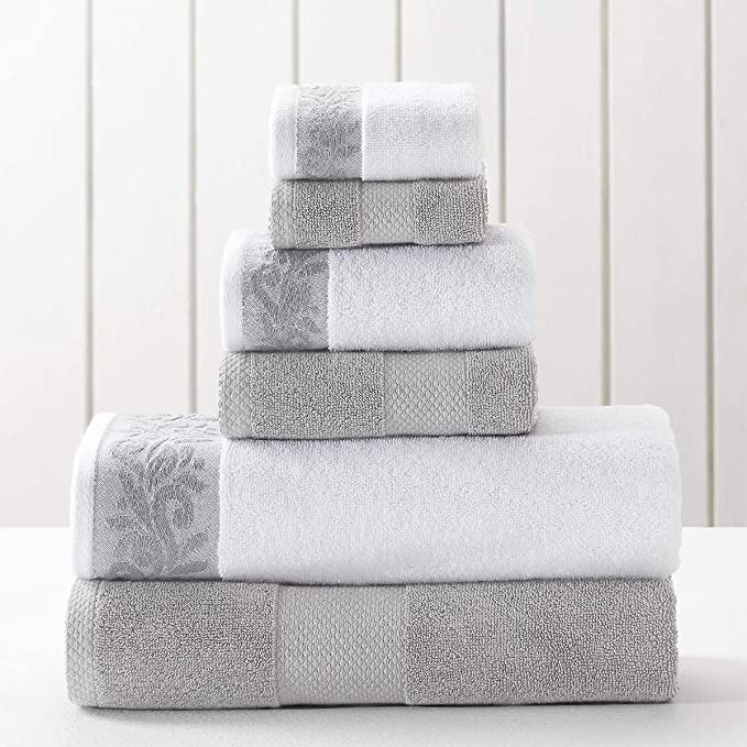 Amrapur Overseas 600 GSM 6-Piece Towel Set with Filgree Jacquard Border, Silver