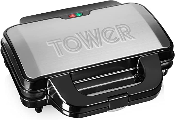 Tower T27013 Deep Fill Sanwich Maker with Extra Deep and Easy to Clean Non-Stick Ceramic Plates, Automatic Temperature Control, 900W, Silver and Black