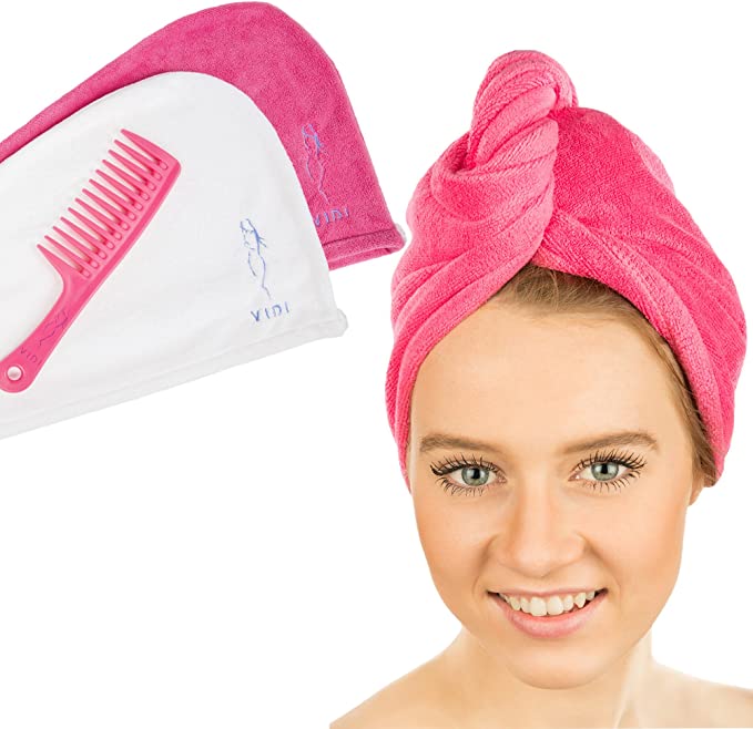 Microfibre Hair Towel Wraps 2 Pack with Detangle Shower Comb for Women and Girls. Super Absorbent Anti Frizz Turban Style. Fast Dry for Long Short and Curly Hair