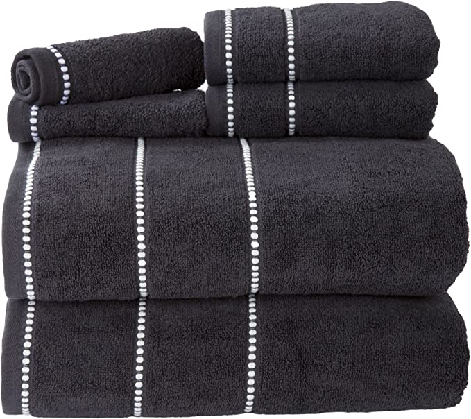 Luxury Cotton Towel Set- Quick Dry, Zero Twist and Soft 6 Piece Set with 2 Bath Towels, 2 Hand Towels and 2 Washcloths by Lavish Home (Black/White)