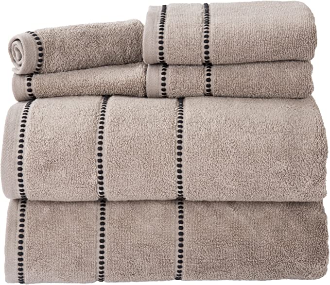 Luxury Cotton Towel Set- Quick Dry, Zero Twist and Soft 6 Piece Set with 2 Bath Towels, 2 Hand Towels and 2 Washcloths by Lavish Home (Taupe/Black)