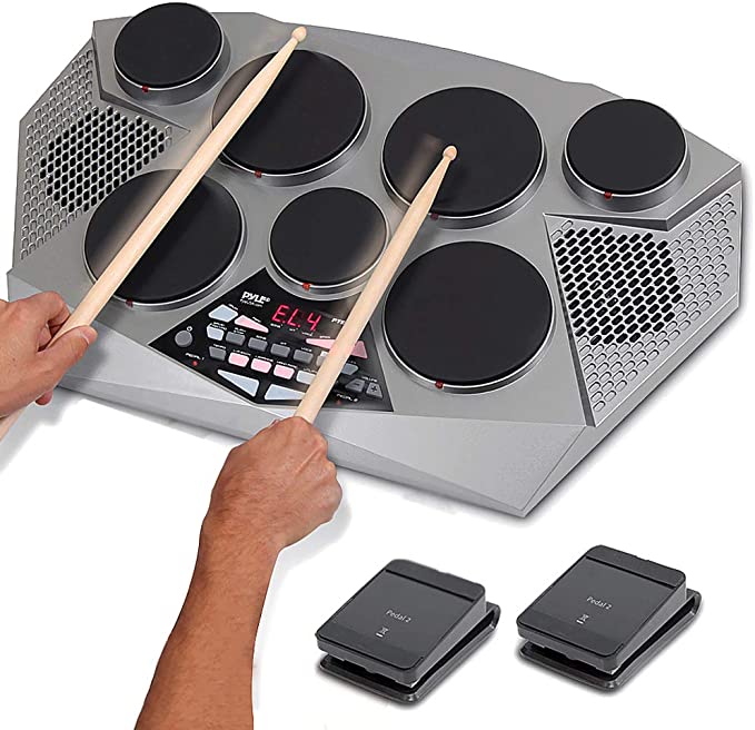 Pyle Electronic Drum Set Pad With Built in Speakers Foot Pedals and Drum Sticks Kit (PTED06)