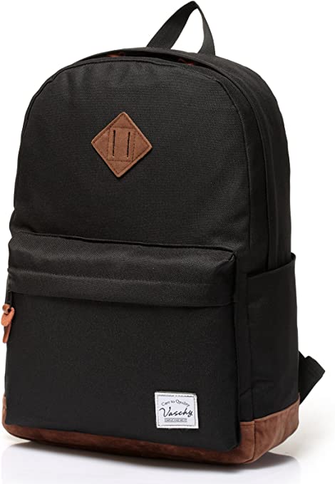 Backpack for Men Women, Vaschy Classic Water-Resistant Lightweight Casual Daypack School Bag Boys Girls Bookbag Travel Rucksack Fits 15.6 Inch Laptop Black