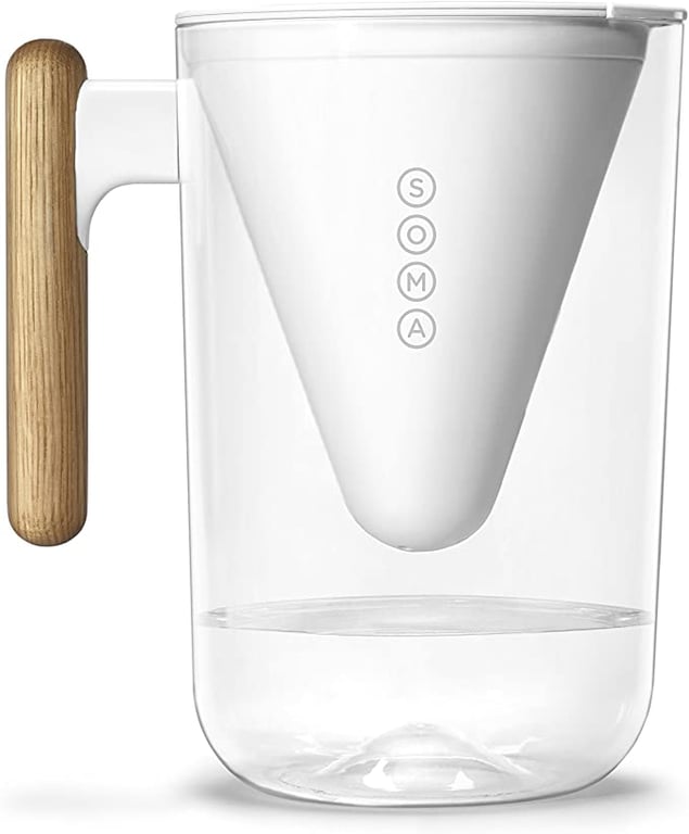 Soma Water Pitcher Jug with Filter, Clear/White, 10-Cup/80Oz/2.3 Liters Capacity Liquid Container,Fridge Friendly Size, Drinking Water Purifier No-Spill Pouring Spout, Easy to Fill Lid, Shatterproof