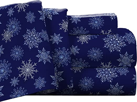 Pointehaven Flannel Deep Pocket Sheet Set with Oversized Flat Sheet, Queen, Snow Flakes Navy