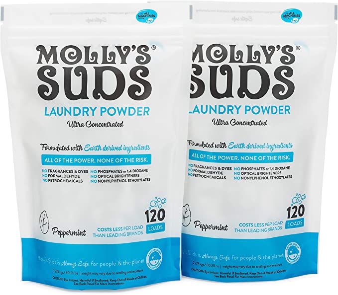 Molly's Suds All Natural Laundry Powder 120 loads, Bundle of 2. Free of Harsh Chemicals, Gentle on Sensitive Skin & Eczema. Contains Pure Peppermint Essential Oil