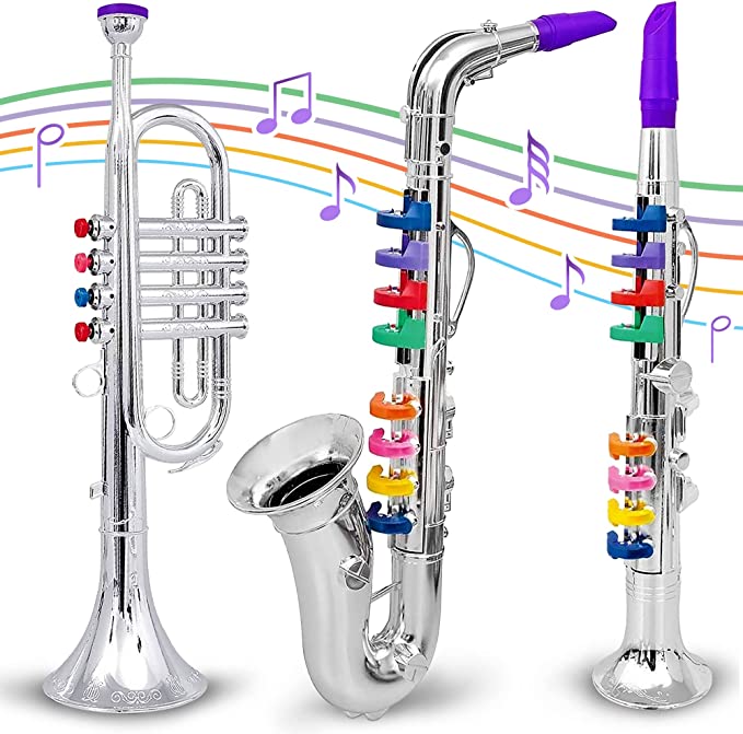 Set of 3 Music 1. Clarinet 2. Saxophone 3. Trumpet, Combo with Over 10 Color Coded Teaching Songs Made in Italy.