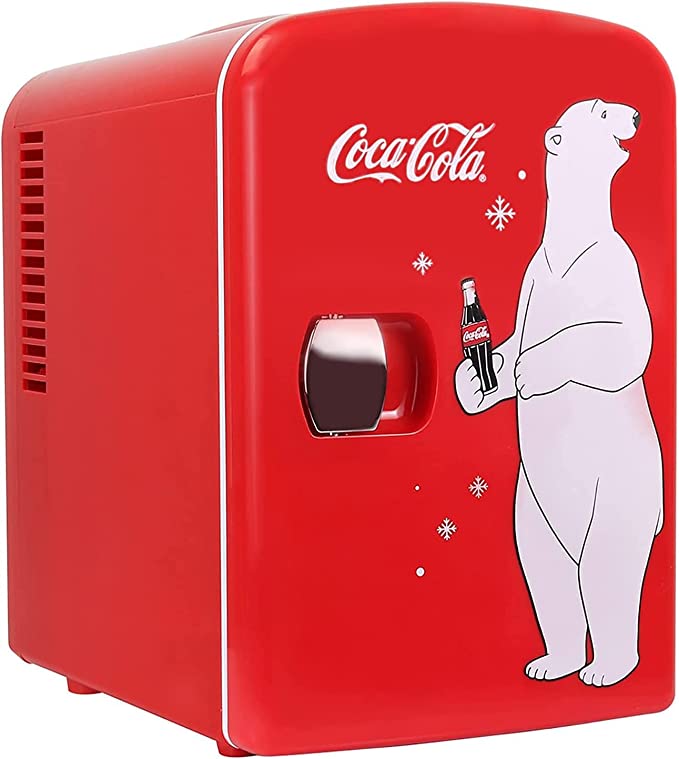 Coca Cola KWC4 4 Liter/6 Can Portable Fridge/Mini Cooler for Food, Beverages, Skincare-Use at Home, Office, Dorm, Car, Boat-AC & DC Plugs Included, Red