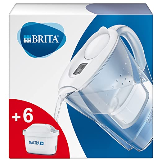 BRITA Marella Fridge Water Filter jug for Reduction of Chlorine, limescale and impuities, White, Includes 6 x MAXTRA+ Filter cartridges, 2.4L