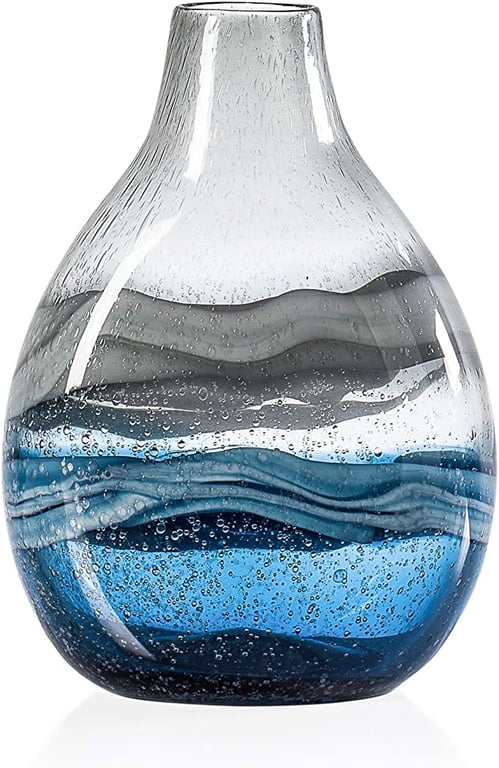 Torre & Tagus Andrea Hand Blown Swirl Glass Bulb Vase for Home Decor Living Room Centerpiece & Home Office, Short, Blue