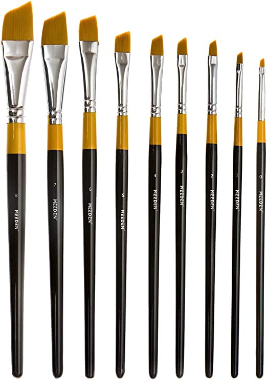 MEEDEN Angular Paint Brushes Set for Oil Acrylics Watercolor and Gouache Color Painting, 9-Piece
