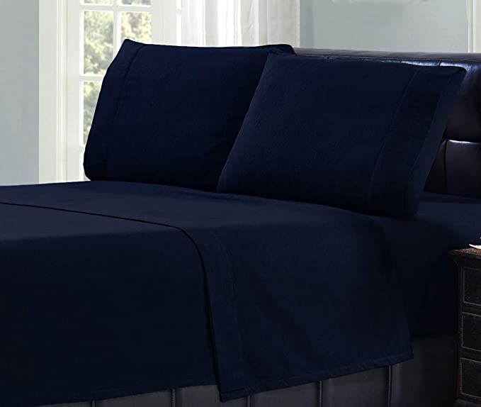 Mellanni Organic Cotton Flannel Bed Sheets Full Size Set - Brushed for Extra Softness & Comfort - Navy Sheets Full Size - Eco Packaging - Fitted Sheet, Flat Sheet & 2 Pillowcases (Full, Navy)