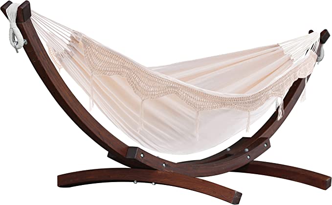 Vivere Double Cotton Hammock with Solid Pine Arc Stand- (Natural)