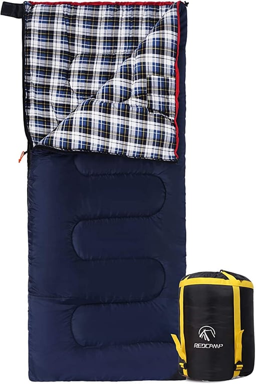REDCAMP Cotton Flannel Sleeping Bags for Camping, 41F/5C 3-4 Season Warm and Comfortable, Envelope Blue with 2/3/4lbs Filling (75"x33")