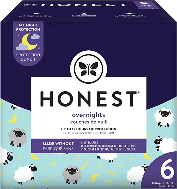 The Honest Company Overnight Sleepy Sheep Diapers | Sustainably Harvested and Plant-Derived Materials | Hypoallergenic | Size 6 (42 Count)
