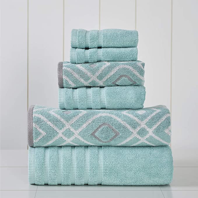 Amrapur Overseas 6-Piece Yarn Dyed Oxford Stripe Jacquard/Solid Ultra Soft 500GSM 100% Combed Cotton Towel Set [Aqua]