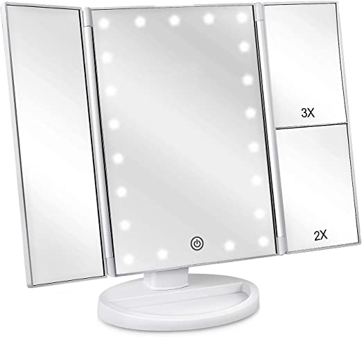 DeWEISN Tri-Fold Lighted Vanity Makeup Mirror with 21 LED Lights, Touch Screen and 3X/2X/1X Magnification Mirror, Two Power Supply Mode Tabletop Makeup Mirror,Travel Cosmetic Mirror