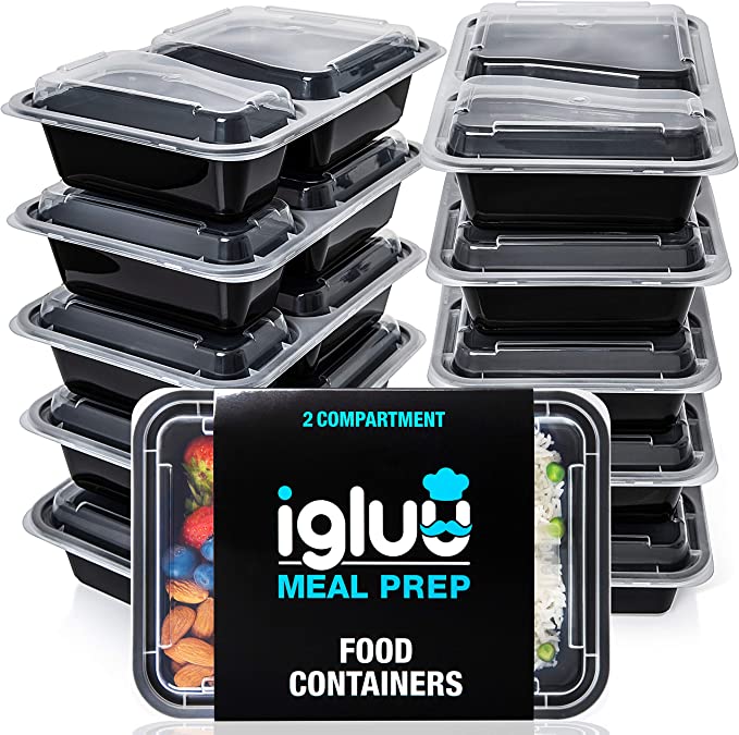 2 Compartment Meal Prep Containers - Reusable BPA Free Plastic Food Storage Trays with Airtight Lids - Microwavable, Freezer and Dishwasher Safe - Stackable Bento Lunch Boxes – [10 Pack, 30 oz]