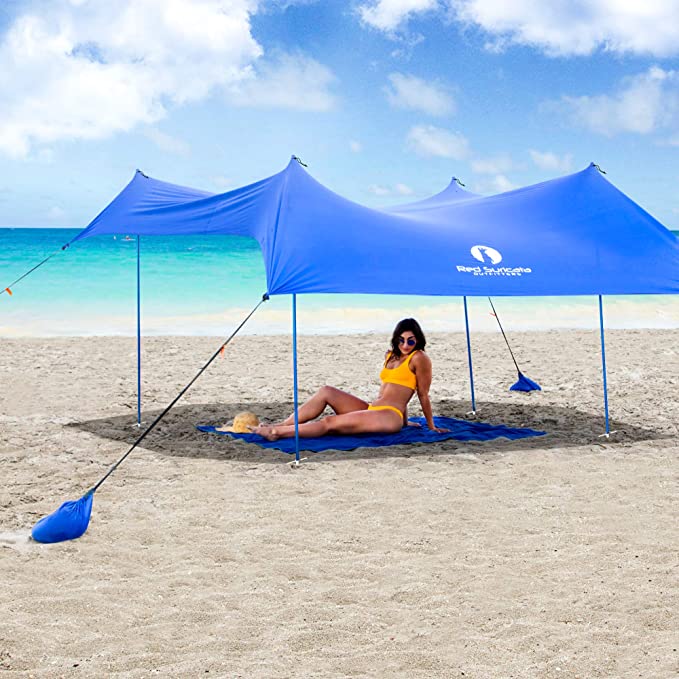 Red Suricata Family Beach Sunshade - Sun Shade Canopy | UPF50 UV Protection | Water Repellent Tent with 4 Aluminum Poles, 4 Pole Anchors, 4 Sandbag Anchors | Portable Shelter Tarp (Large, Blue)
