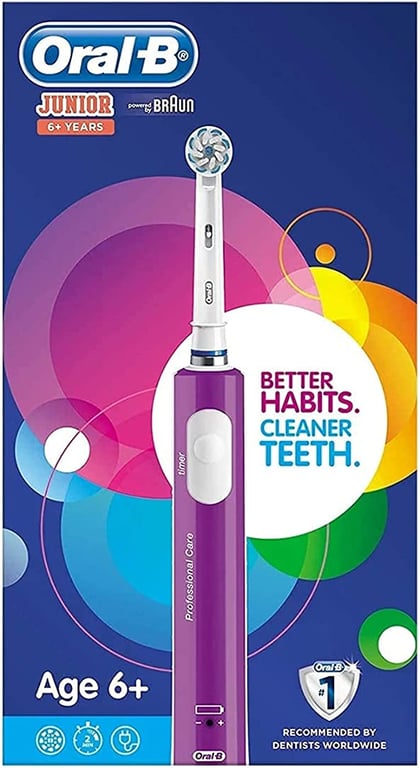 Oral-B Junior Kids Electric Rechargeable Toothbrush for Children Age 6-12, 1 Brush Handle and 1 Sensitive Toothbrush Replacement Head Powered by Braun, Purple, UK 2 Pin Plug