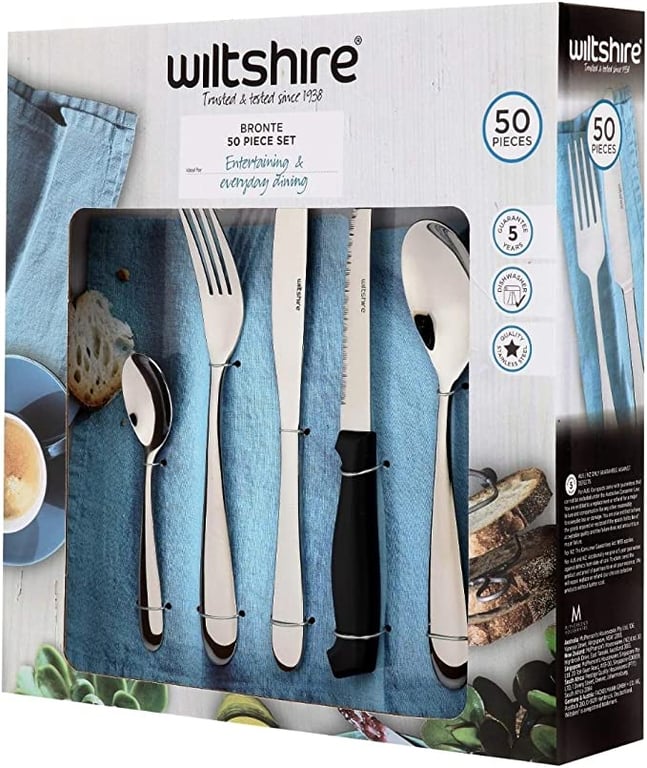 Wiltshire Stainless Steel Bronte Cutlery with Steak Knives 50-Pieces Set, Silver