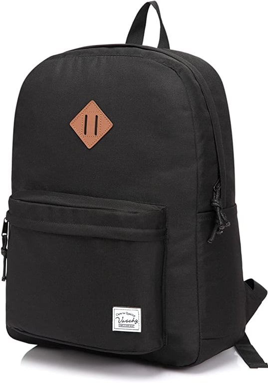Lightweight Backpack for School, VASCHY Classic Basic Water Resistant Casual Daypack for Work, Travel with Bottle Side Pockets Black