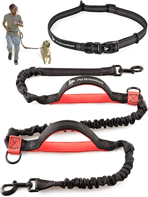 Hands Free Dog Leash for Running | Waist Leash for Walking, Jogging, Cycling and Training w. Adjustable Belt and Retractable Bungee | Pet Hiking Gear Pack | Medium and Large Dog Lead Walker